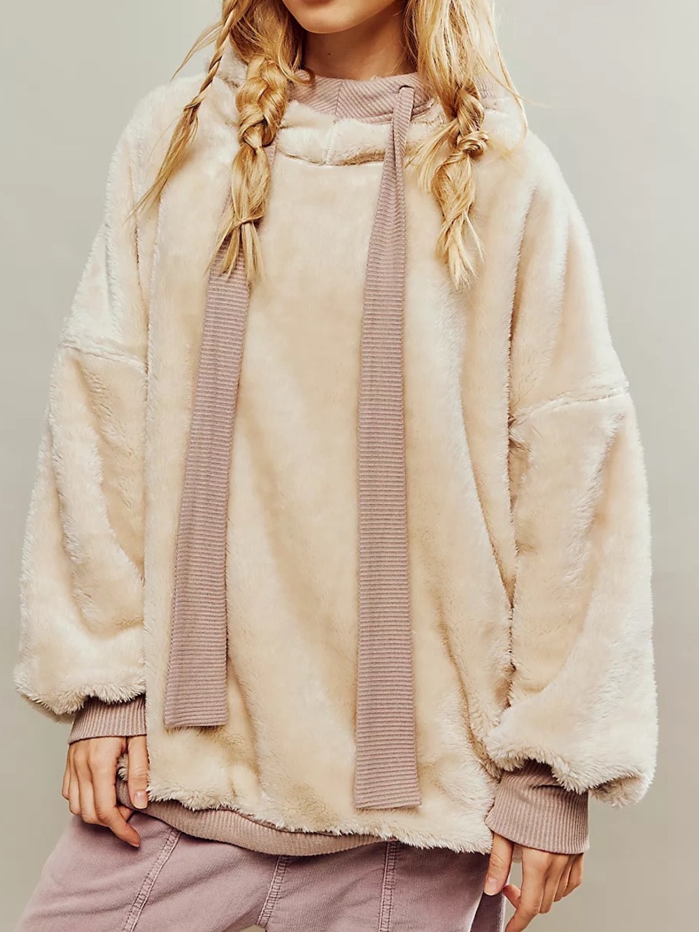 Free People Bunny Sweatshirt Faux Fur Oversized Hooded Pullover Small Cozycore